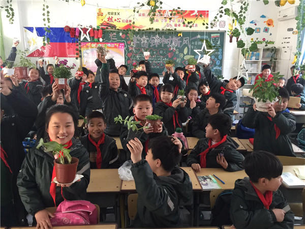 外国语小学孩子们带来绿植营造班级绿色
